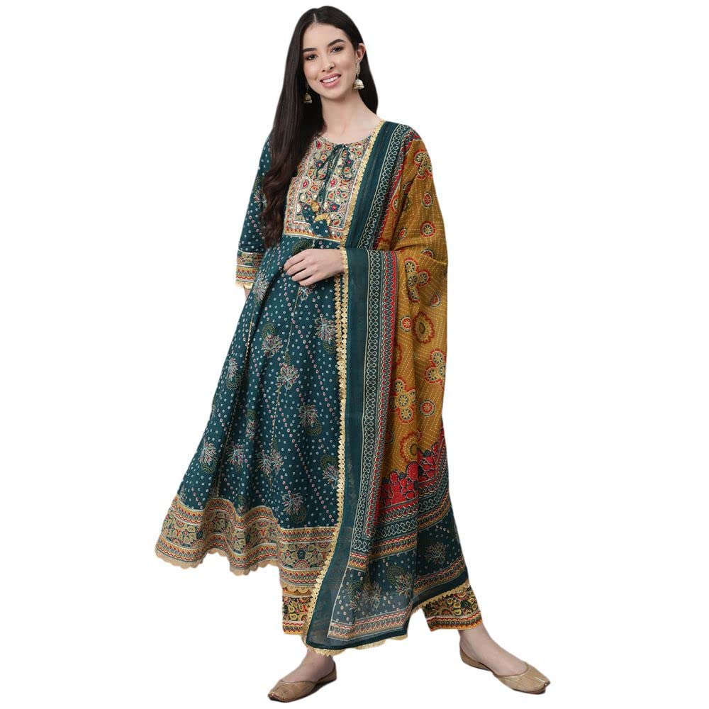 Anubhutee WomenS Cotton Teal Gota Patti Ethnic Motifs Printed Anarkali Kurta Suit Set With Trousers And Dupatta