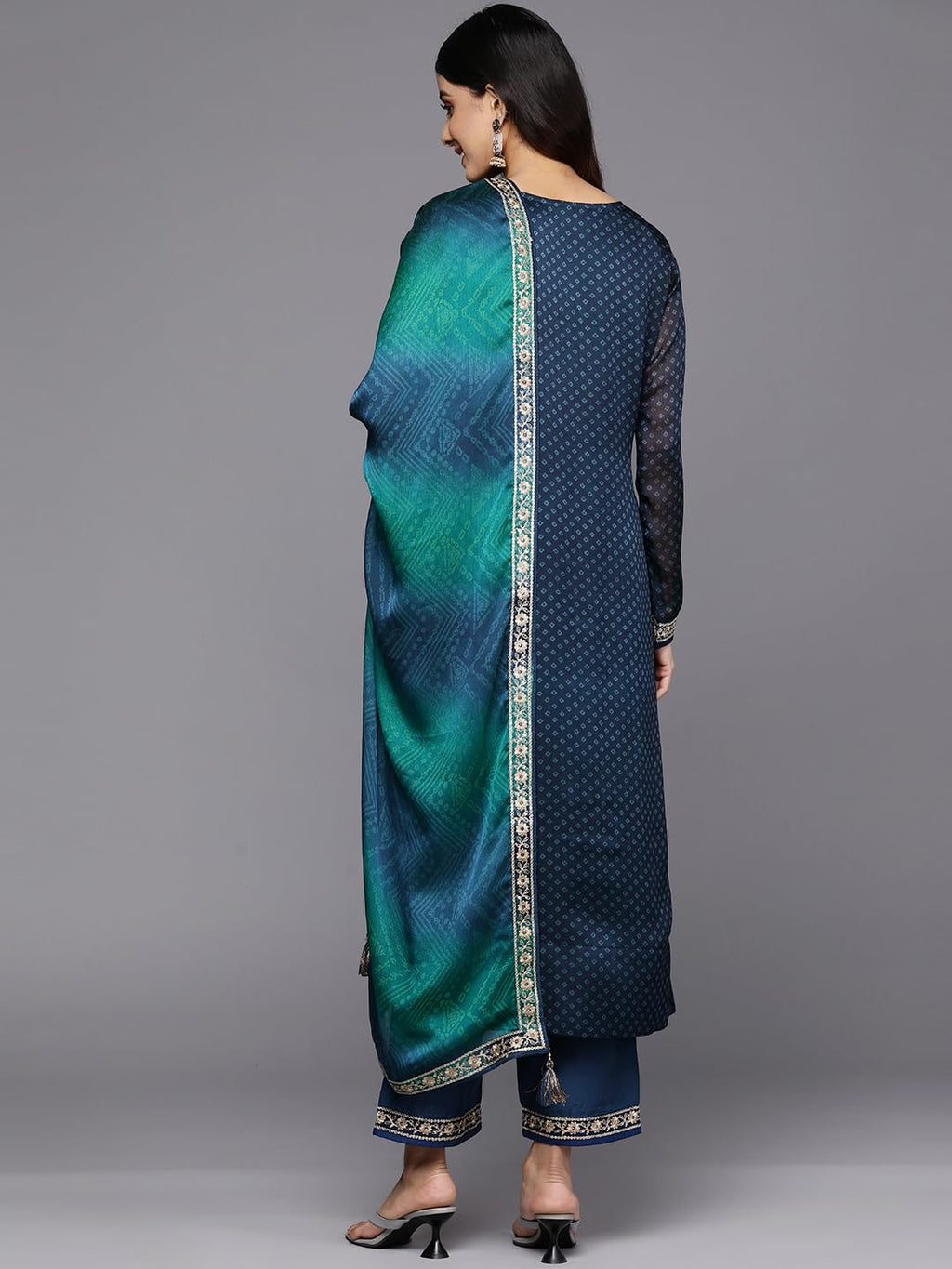 Libas Womens Printed Chiffon Straight Kurta With Trousers And Dupatta