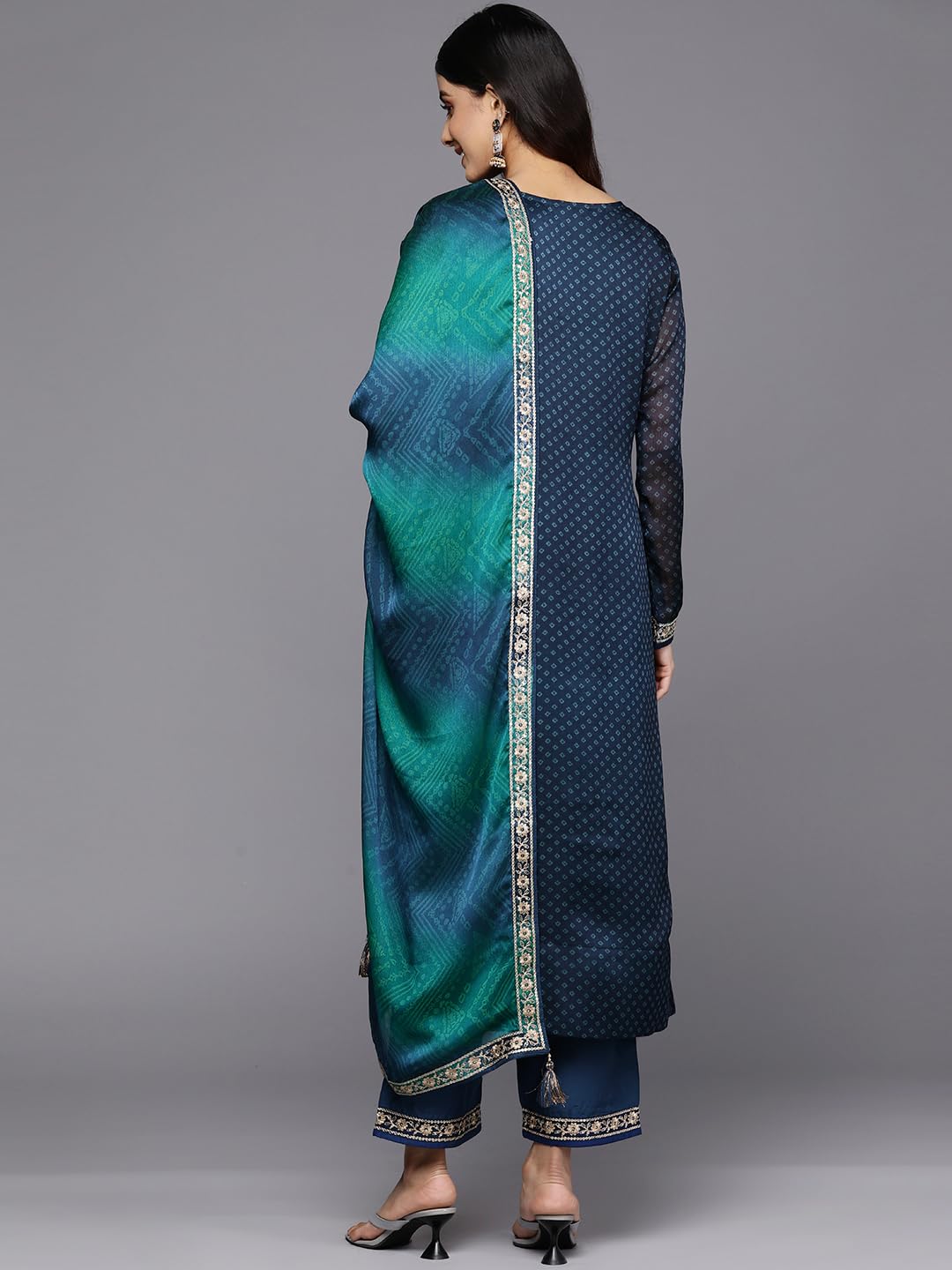 Libas Womens Printed Chiffon Straight Kurta With Trousers And Dupatta