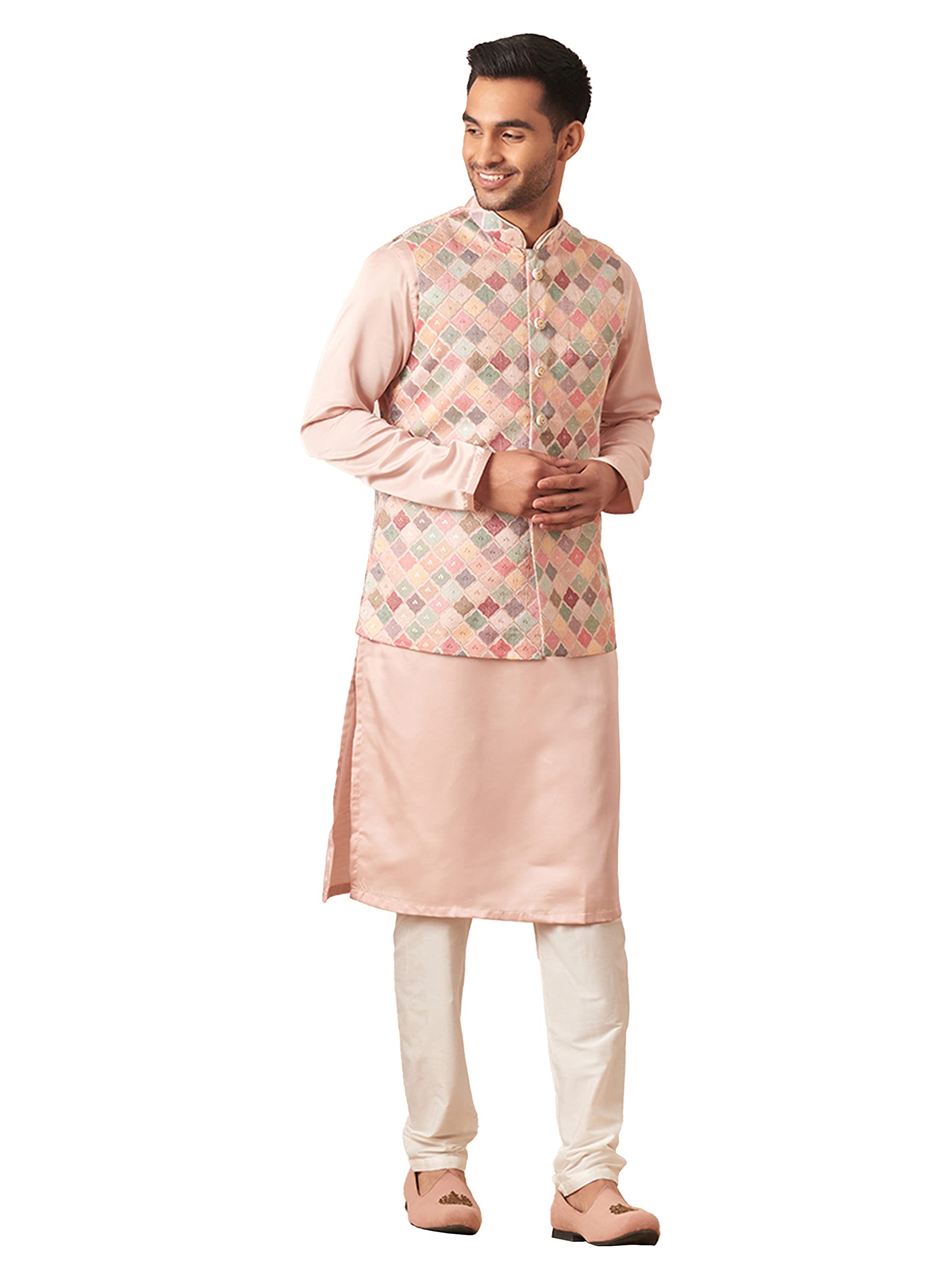 Manyavar Mens Jacket, Nehru Jacket For Men, Ethnic Jacket For Festival, Wedding Party, Sleevless Jacket Printed Georgette (Beige