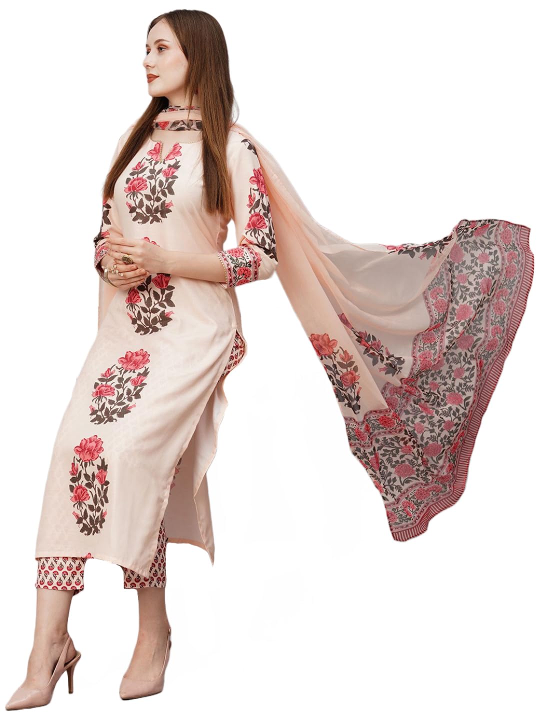 ANNI DESIGNER Womens Rayon Blend Straight Printed Kurta with Pant & Dupatta (Actual-Cream-NW_M_Cream_Medium)