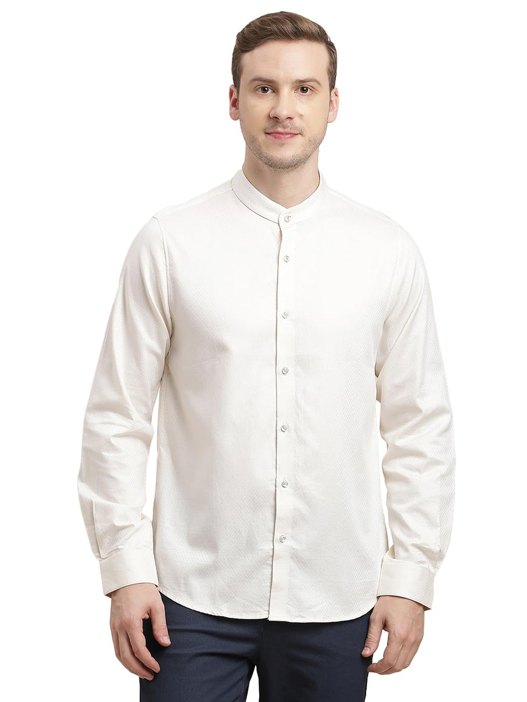 Turtle Men Giza Cotton Slim Fit Beige Dobby Print Full Sleeve Party Shirt