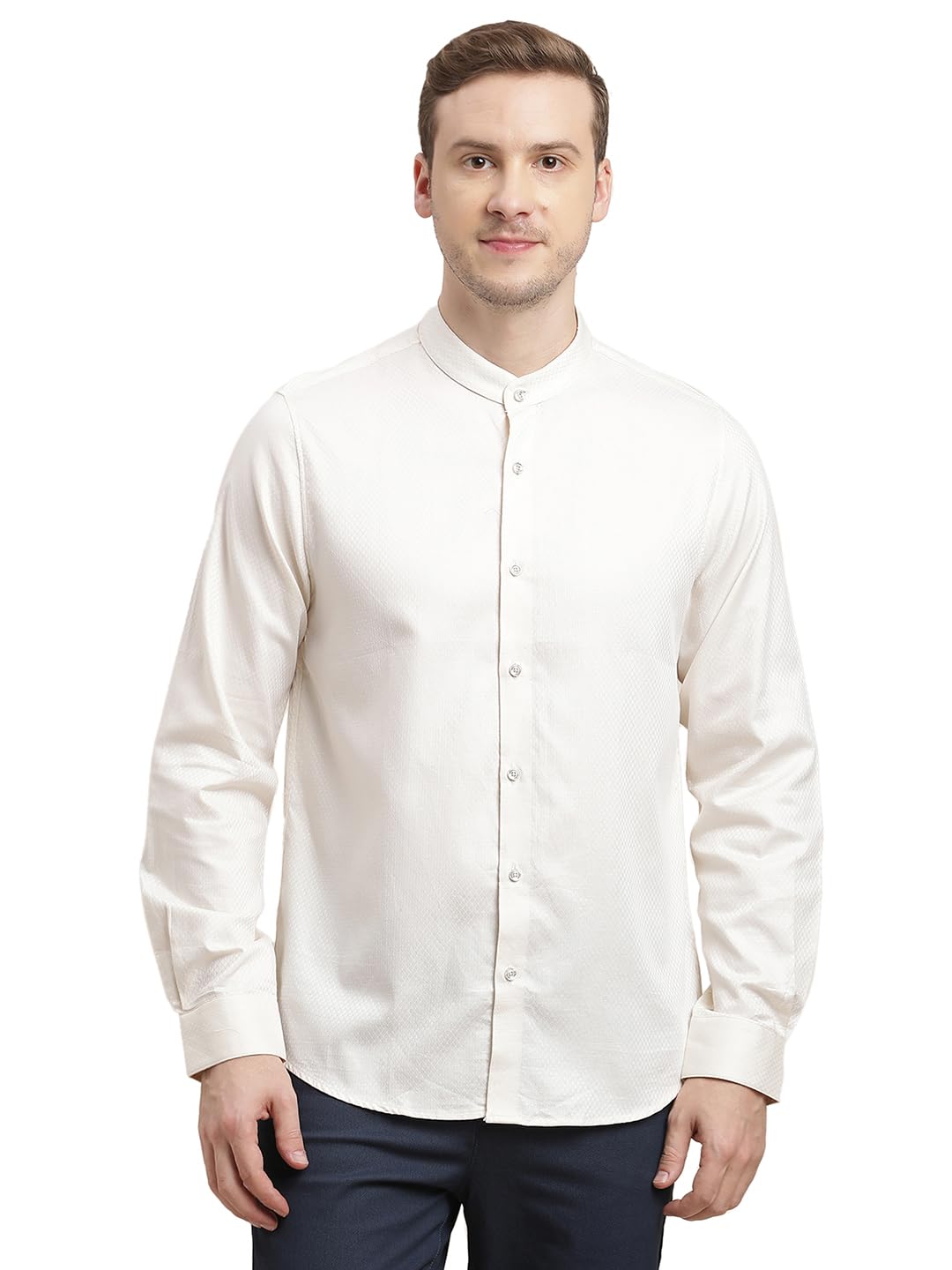 Turtle Men Giza Cotton Slim Fit Beige Dobby Print Full Sleeve Party Shirt