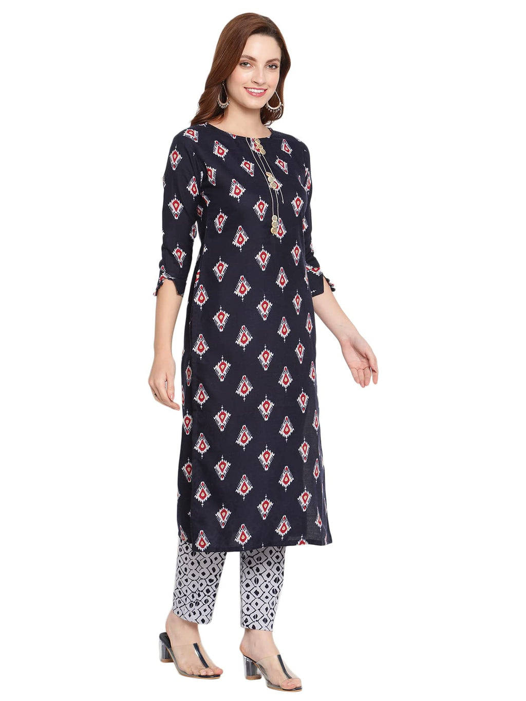 Shasmi Women'S Navy Blue Cotton Straight Kurta With Checkered Trouser (Kurta 25 N Blue Xl)
