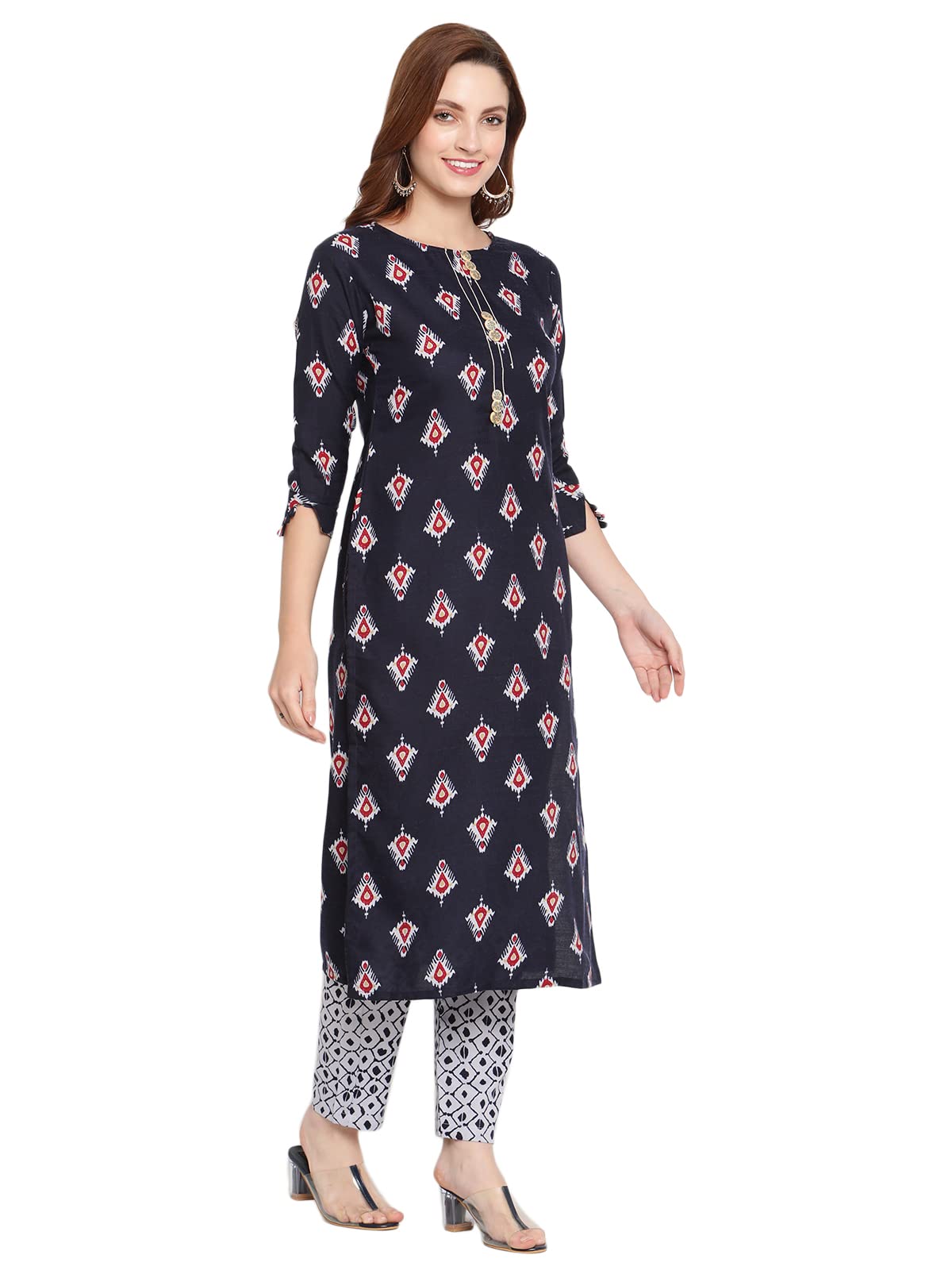 Shasmi Women'S Navy Blue Cotton Straight Kurta With Checkered Trouser (Kurta 25 N Blue Xl)