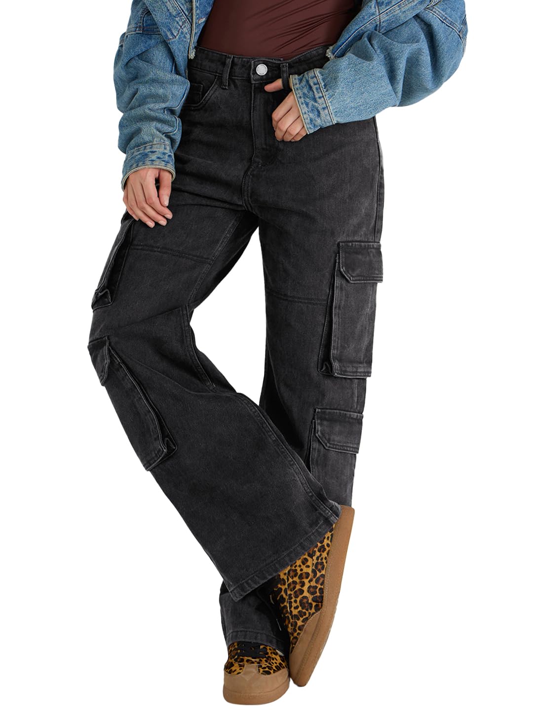 Bewakoof Women Solid Wide Leg 100% Cotton Cargo Jeans_646614_Grey_34