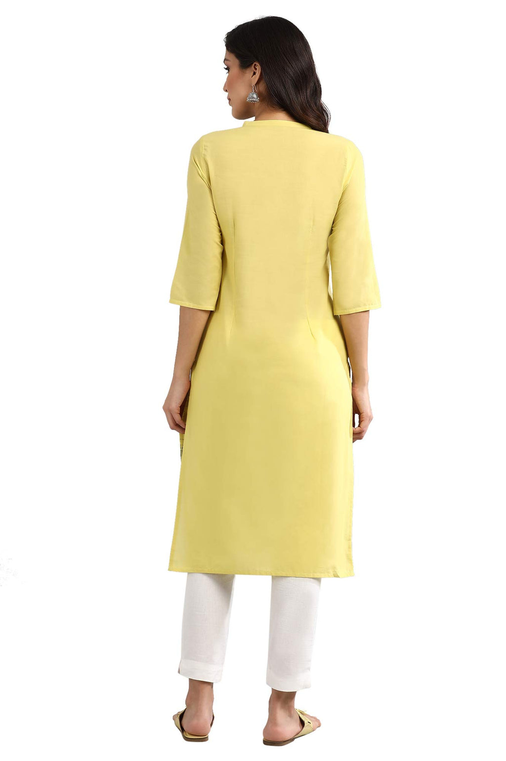 Aurelia Women'S Cotton Yellow Floral Mandarin Collar Straight Kurta