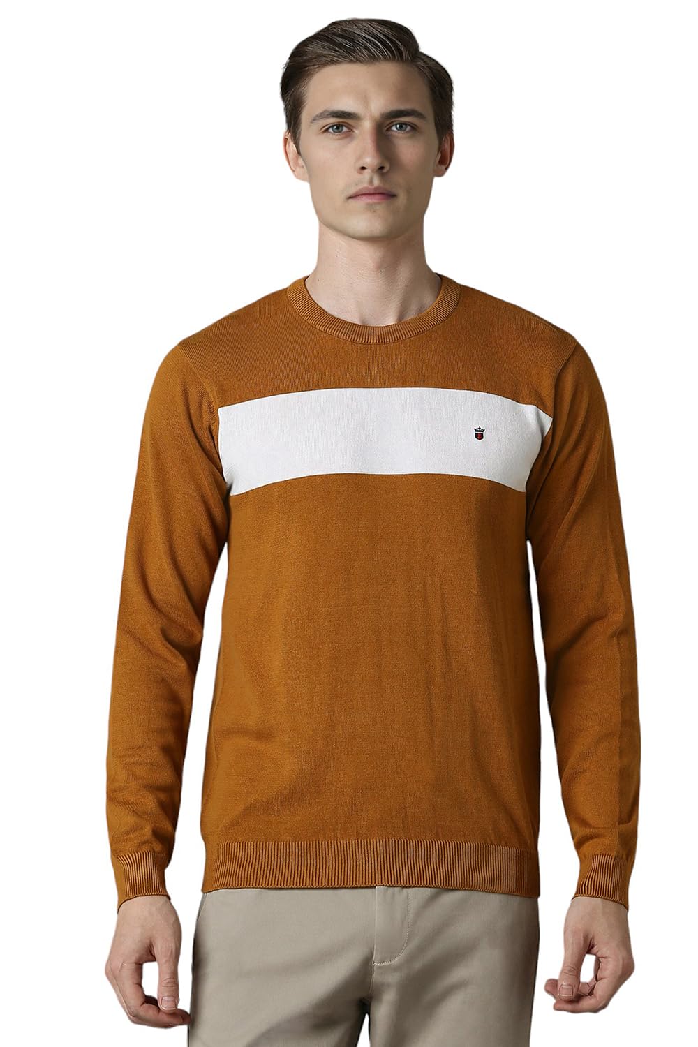 Louis Philippe Men Brown Print Crew Neck Full Sleeves Sweater