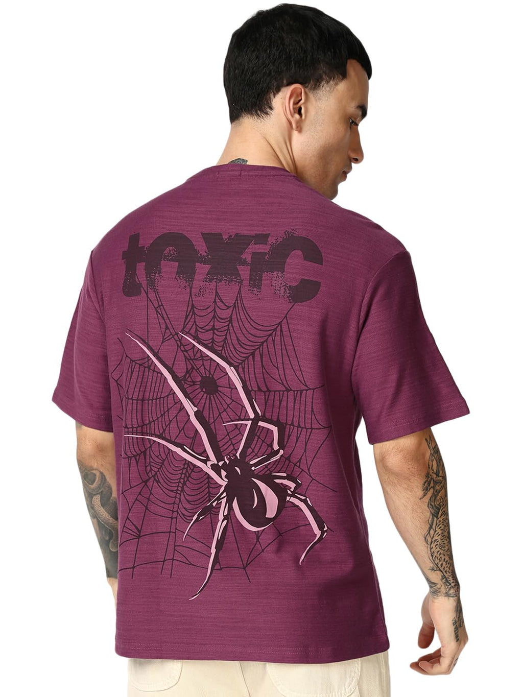 Bewakoof Air 1.0 Mens Graphic Printed Oversized Fit Half Sleeve Round Neck Cotton Slub T-Shirt_666735_Purple_M