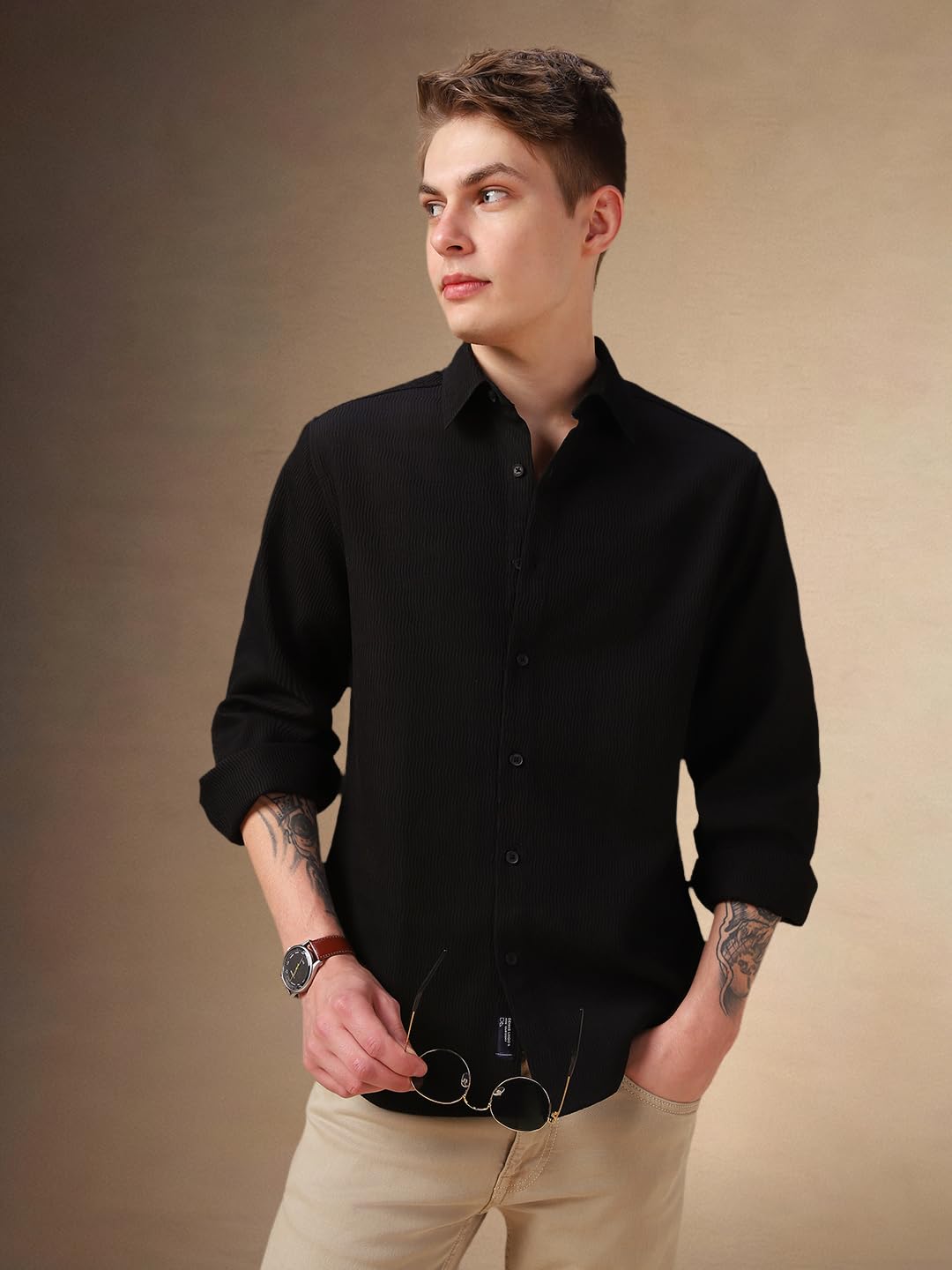 Dennis Lingo Men Black Solid Polyester Regular Fit Full Sleeve Shirts