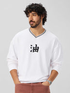 The Souled Store Naruto Shippuden: Toad Sage Men and Boys Long Sleeves V Neck White Graphic Printed Cotton Blend Oversized Sweat