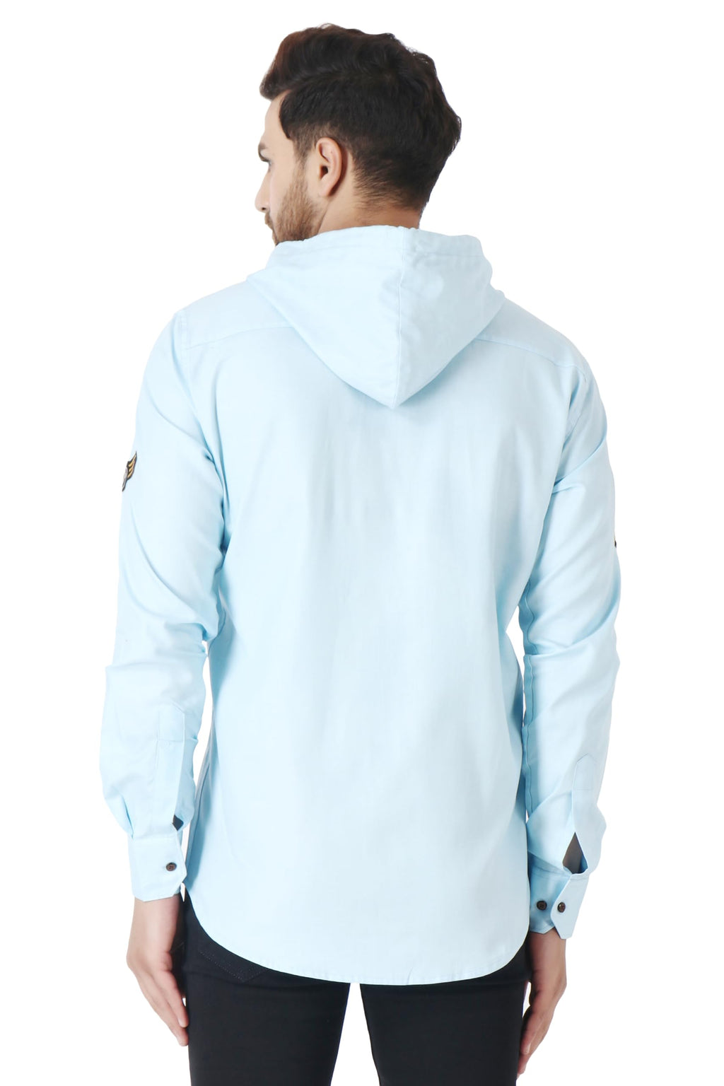Besix MenS Blue Tailored Fit Cotton Blend Shirt For Man With Hoodie - Casual Long Sleeve Shirt With Pockets - Patch Detail For