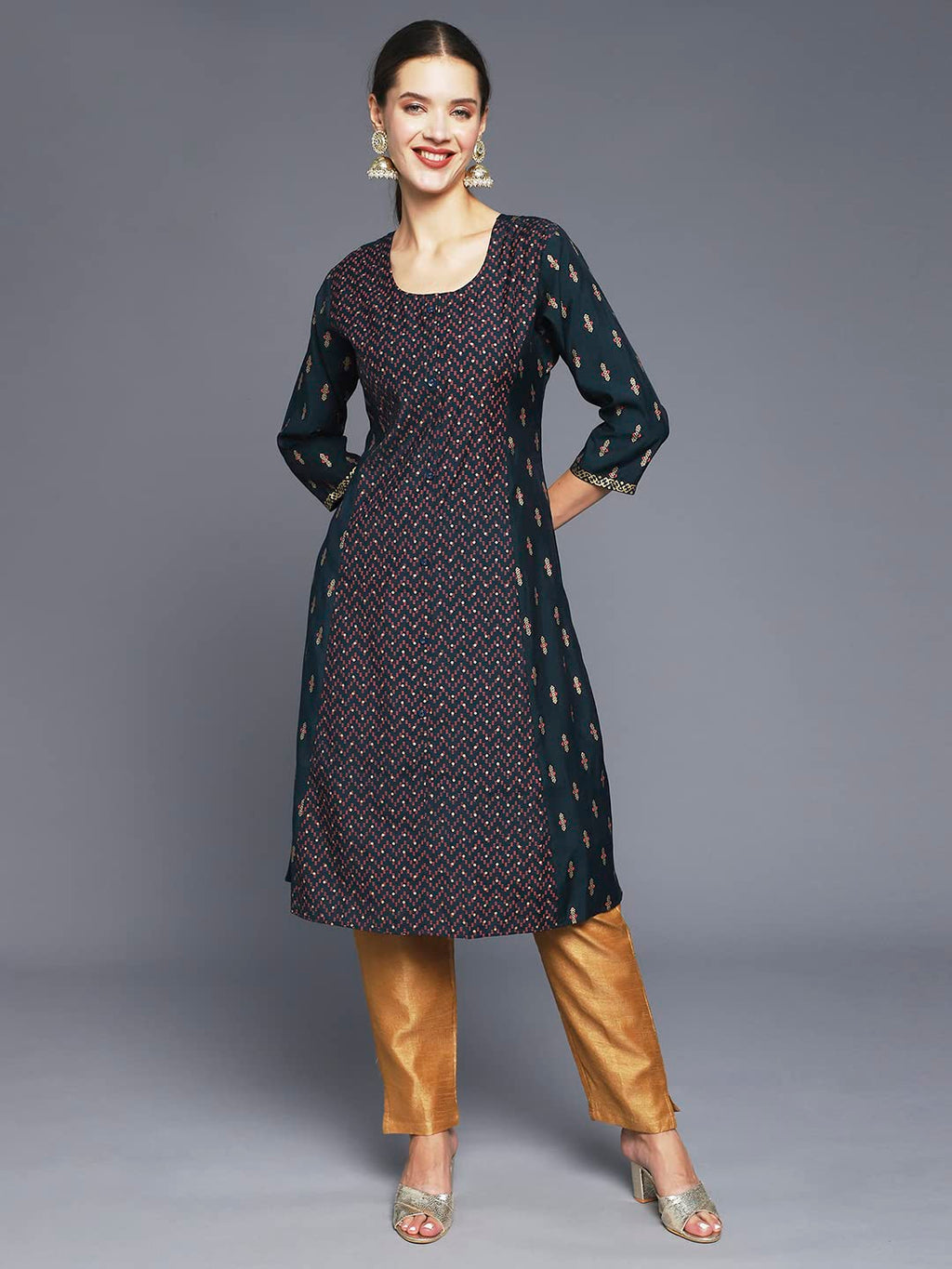 Anubhutee Women'S Rayon Teal Geometric Printed A-Line Kurta