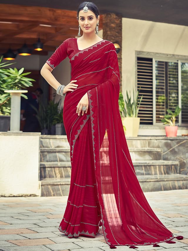 Satrani Womens Georgette Stone Work Border & Piping Border & Tassels Saree with Unstitched Blouse Piece