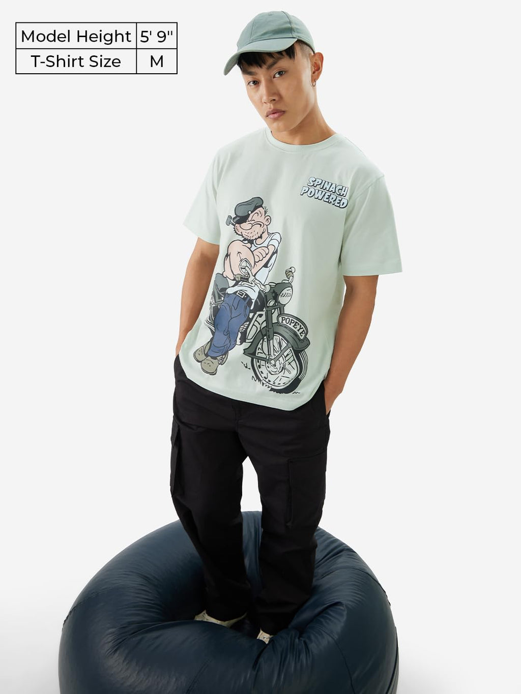 The Souled Store Official Popeye: Spinach Powered Men and Boys Short Sleeve Round Neck Blue Graphic Printed Regular Fit Cotton T