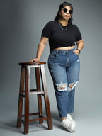 High Star Women Plus Size Mom Fit Mildly Distressed Light Fade Jeans Indigo