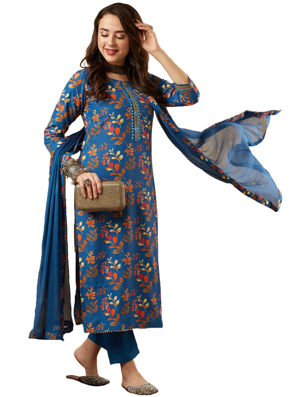 ANNI DESIGNER Women's Cotton Blend Printed Straight Kurta and Pant with Dupatta Set (KALEPING-KEROSIN_S_Dark Blue_Small)