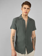 Dennis Lingo MenS| Dark Grey| Half Sleeve| Cuban Collar| Striped| Relaxed Fit| Casual Shirt