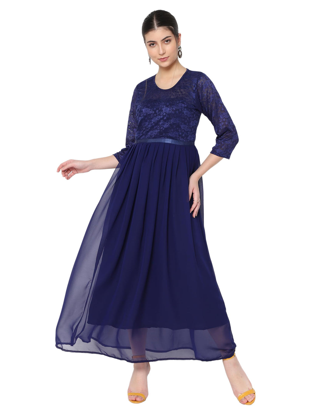 Avanova Georgette Navy Blue Round Neck Maxi Western Dresses For Women (Dress 82 N Blue M)