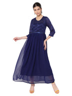 Avanova Georgette Navy Blue Round Neck Maxi Western Dresses For Women (Dress 82 N Blue M)