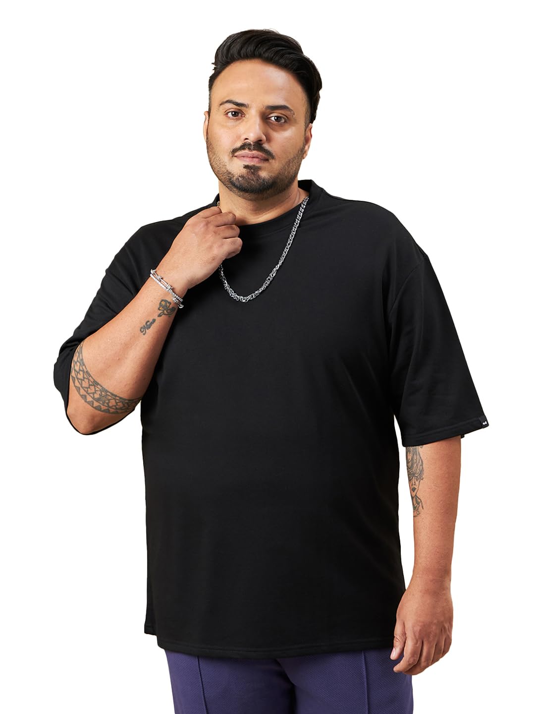 Bewakoof MenS Solid Oversized Fit Half Sleeve Round Neck Cotton Blend Plus Size T-Shirt 624942 Black_5Xl