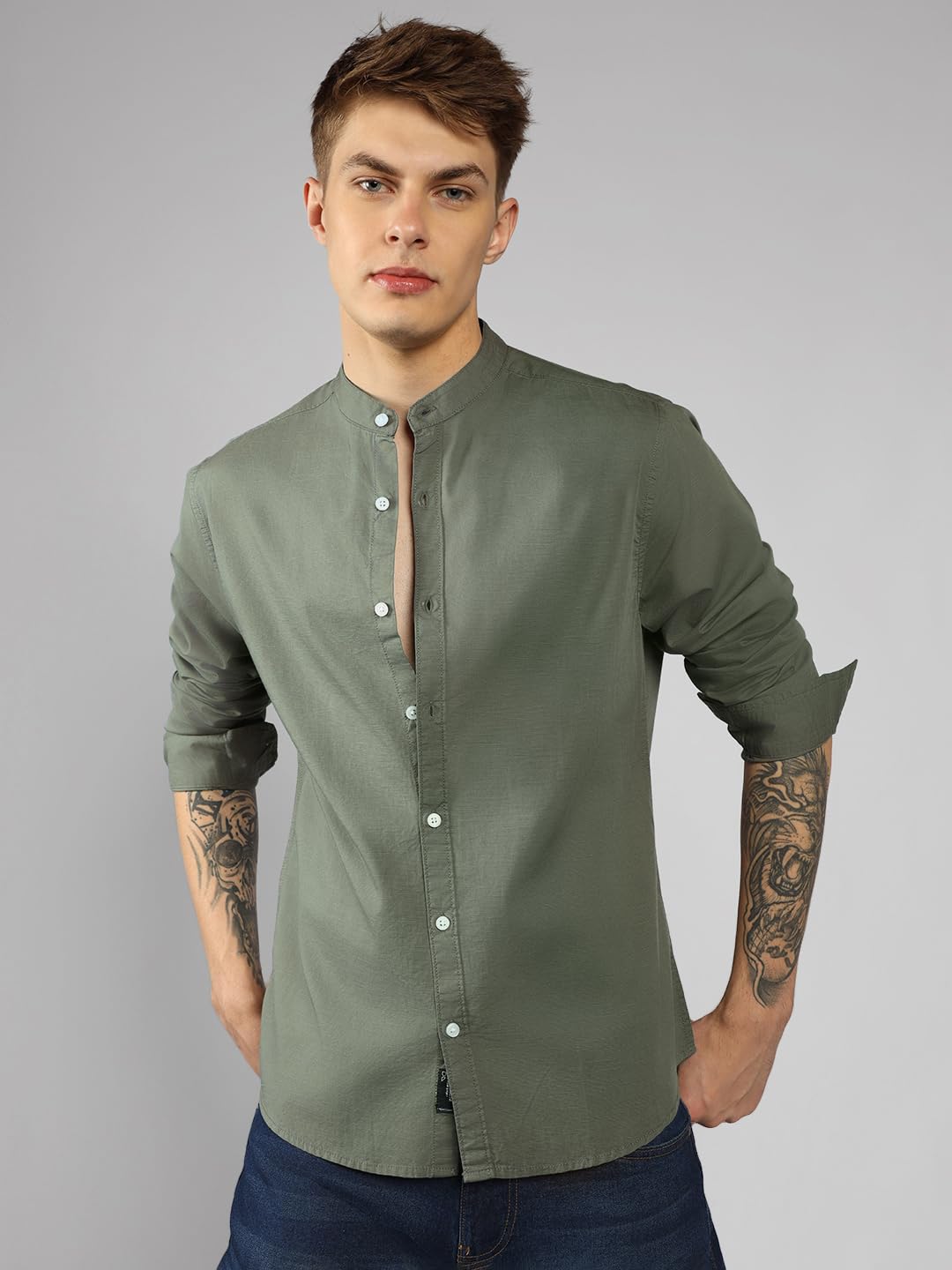 Dennis Lingo MenS| Green| Full Sleeve| Mandarin Collar| Solid| Regular Fit| Casual Shirt