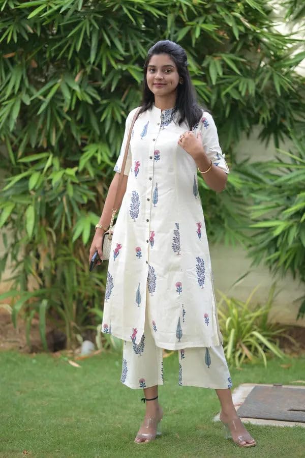 ANNI DESIGNER Womens Rayon Viscose Straight Printed Kurta with Pant (Barkat Cream_L_Cream_Large)