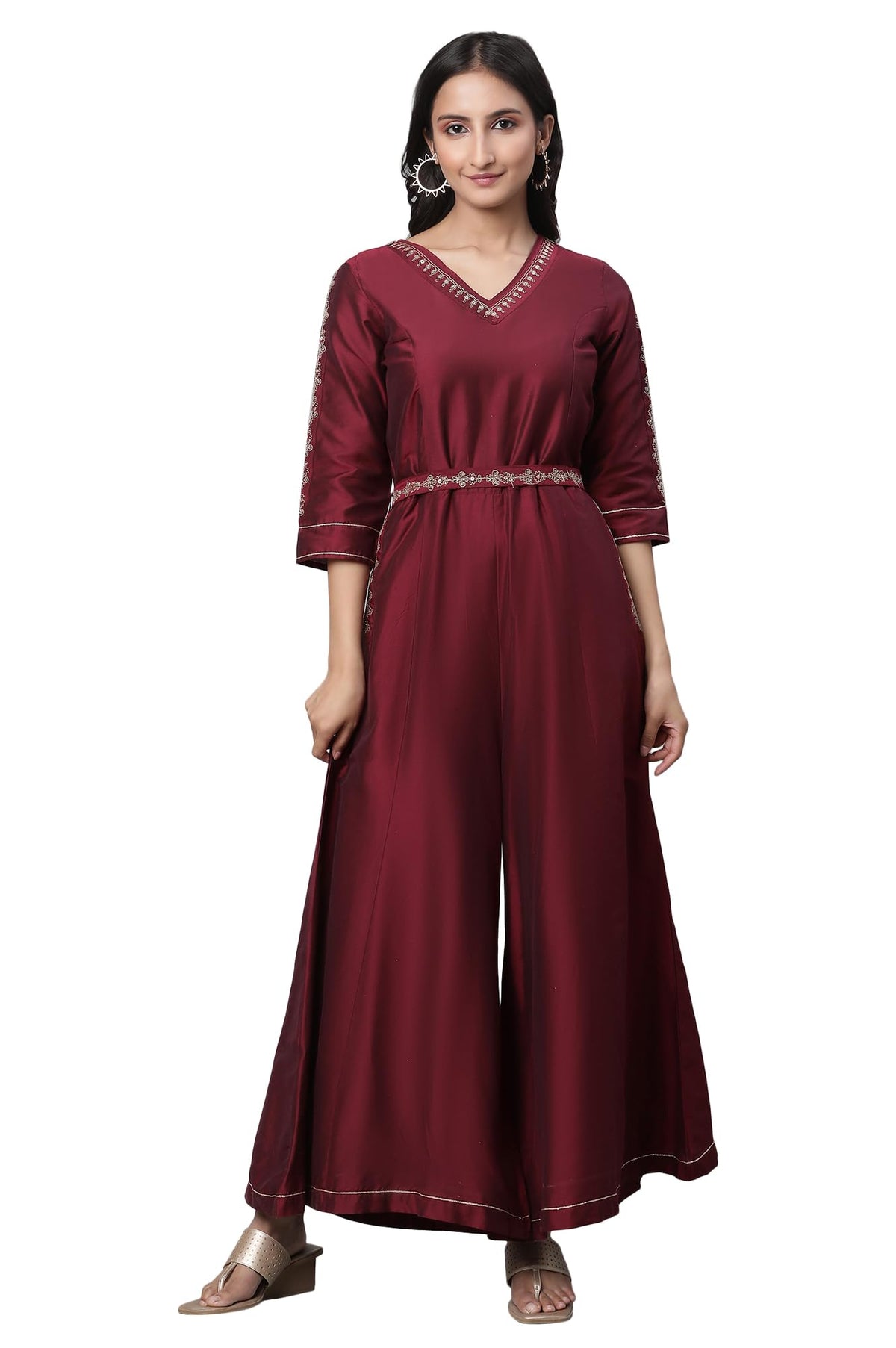 Aurelia Women Magenta Solid Yarn Dyed Viscose Poly Straight Jumpsuit