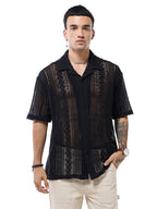 Bewakoof Mens Self Design Oversized Fit Half Sleeve Resort Collar Pure Cotton Crochet Shirt_633634_Black_XL