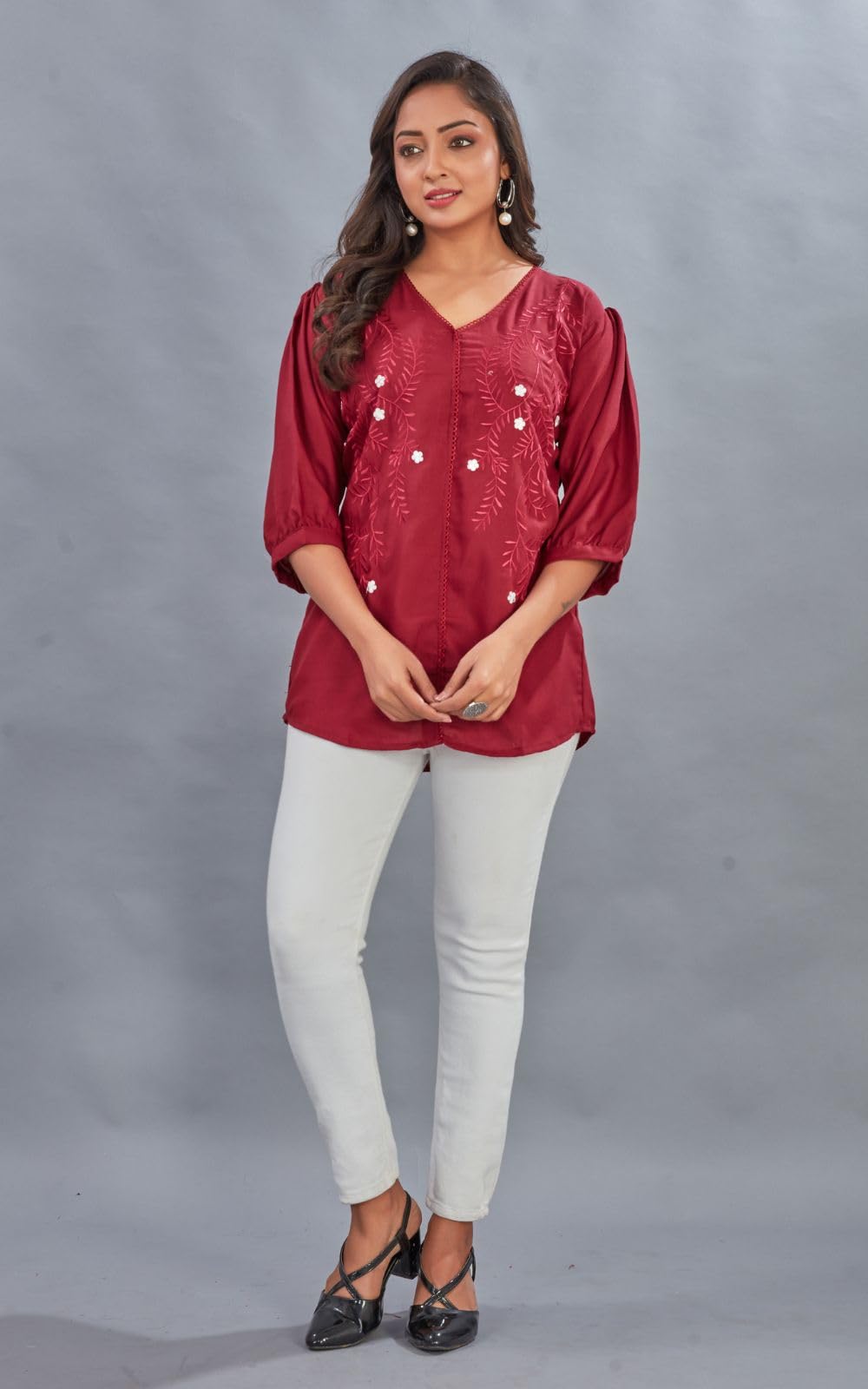 Kesudi WomenS Embroidered Regular Fit Tunic Shirt With Collar Neck - Full Sleeves - Elegant Button-Down Shirt For Office, Casua