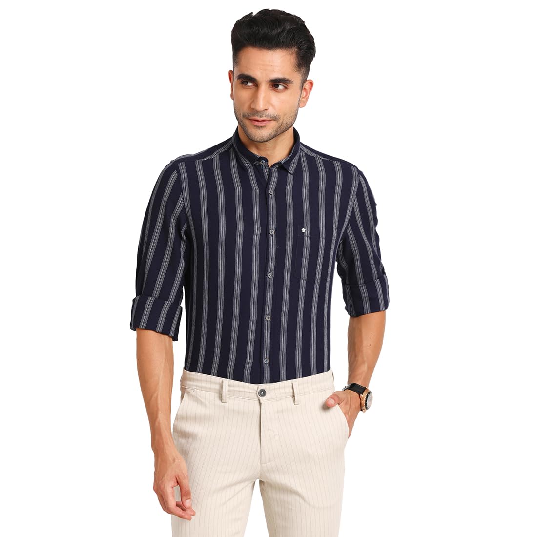 Turtle Men 100% Cotton Indigo Slim Fit Regular Fitvy Stripe Full Sleeve Casual Shirt