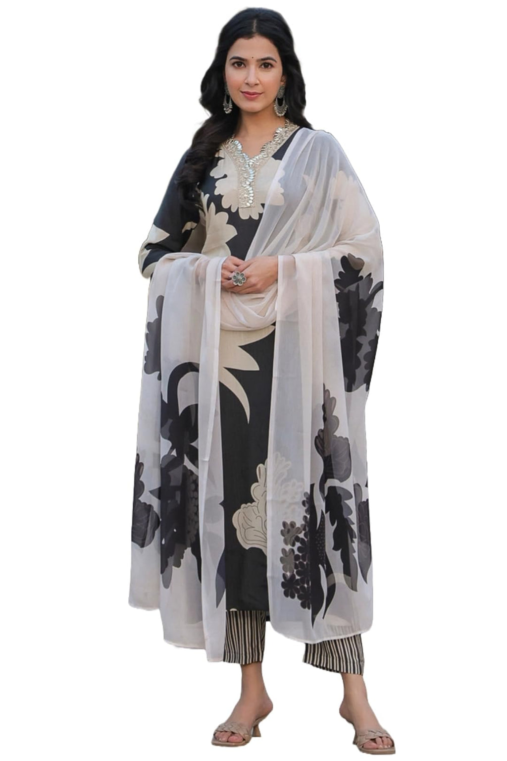 ANNI DESIGNER Womens Cotton Blend Straight Printed Kurta with Pant & Dupatta (5jee Black_3XL_Blue_XXX-Large)