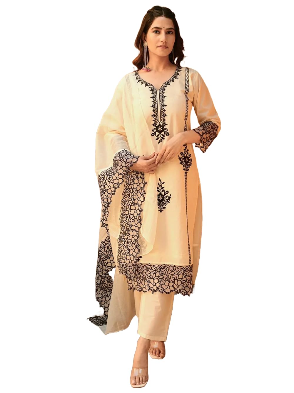 ANNI DESIGNER Womens Cotton Blend Straight Embroidery Kurta with Pant & Dupatta (TRP Off-White_4XL_White_XXXX-Large)