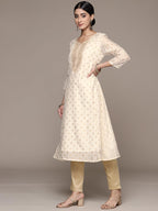 Ishin Women'S Silk Embellished Off White A-Line Kurta