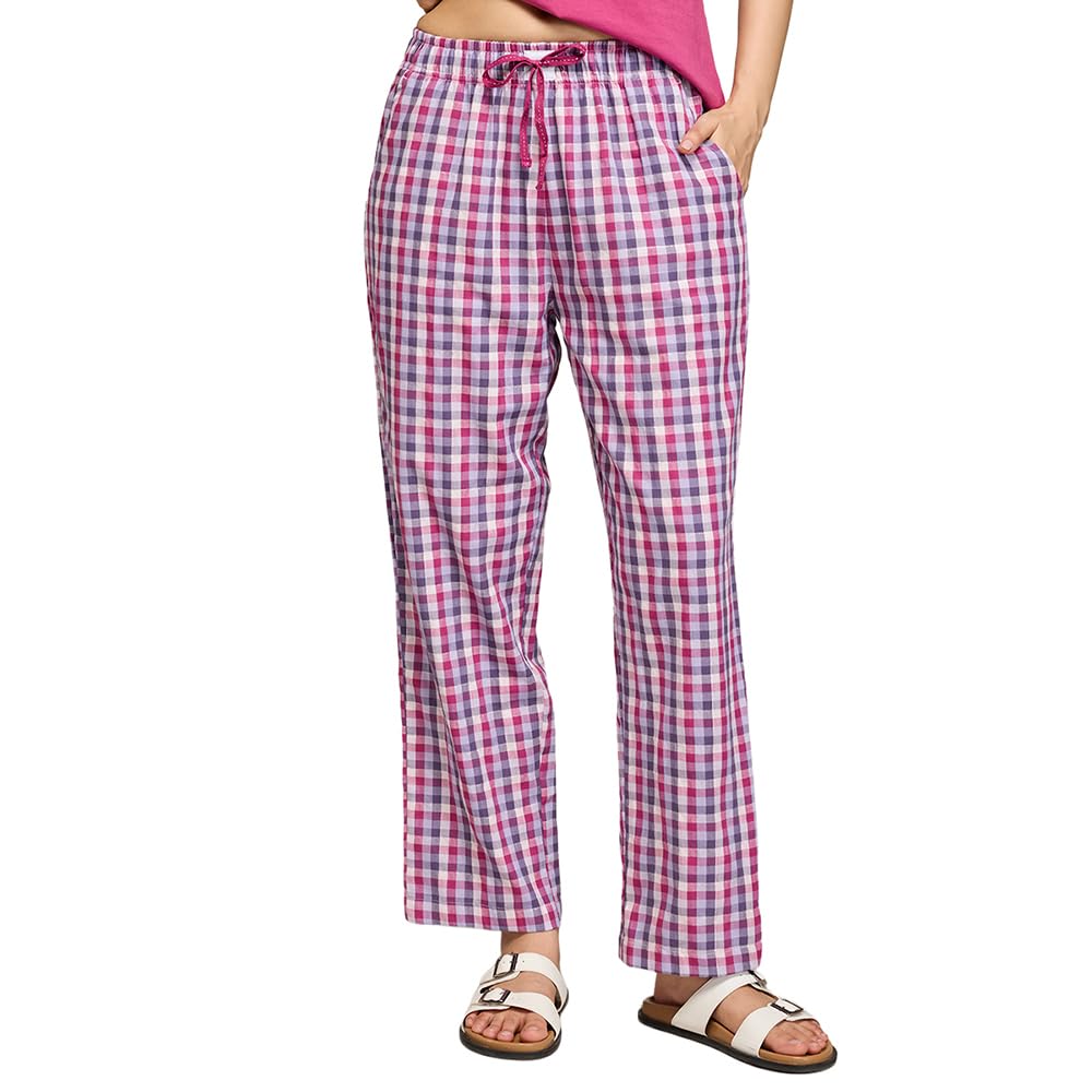 NYKD (NYS141 Checked Pure Cotton Pyjama Sleepwear Pants for Women | Relaxed Fit with Non-Slip Elasticated Waistband, Adjustable 