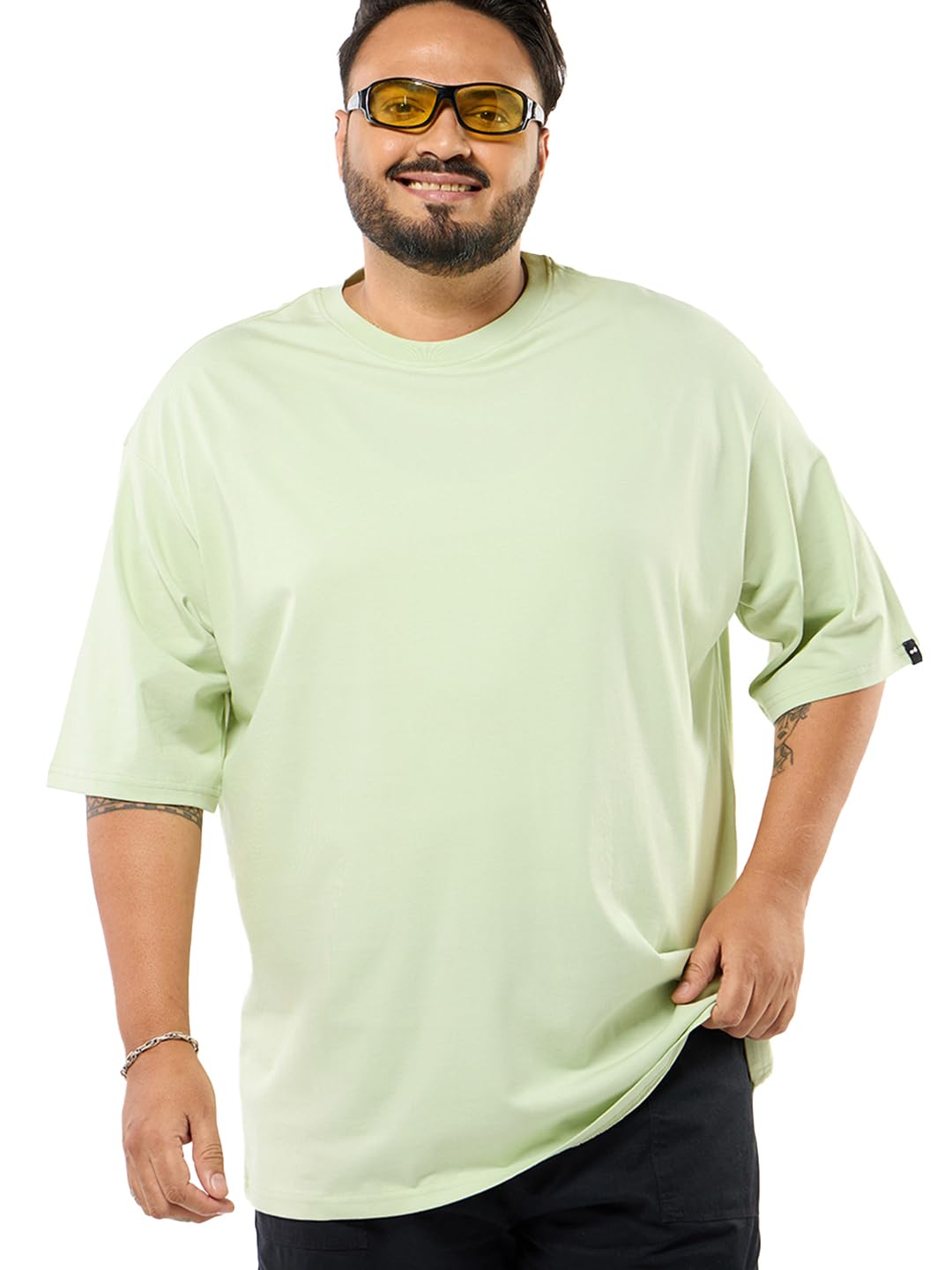 Bewakoof Mens Solid Oversized Fit Half Sleeve Round Neck Cotton Plus Size T-Shirt_581037_Green_5XL