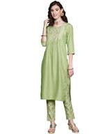 Ziyaa Women'S Paroot Green Chinon Straight Kurta And Pant Set(Zikuch3792Andpa-Xl)