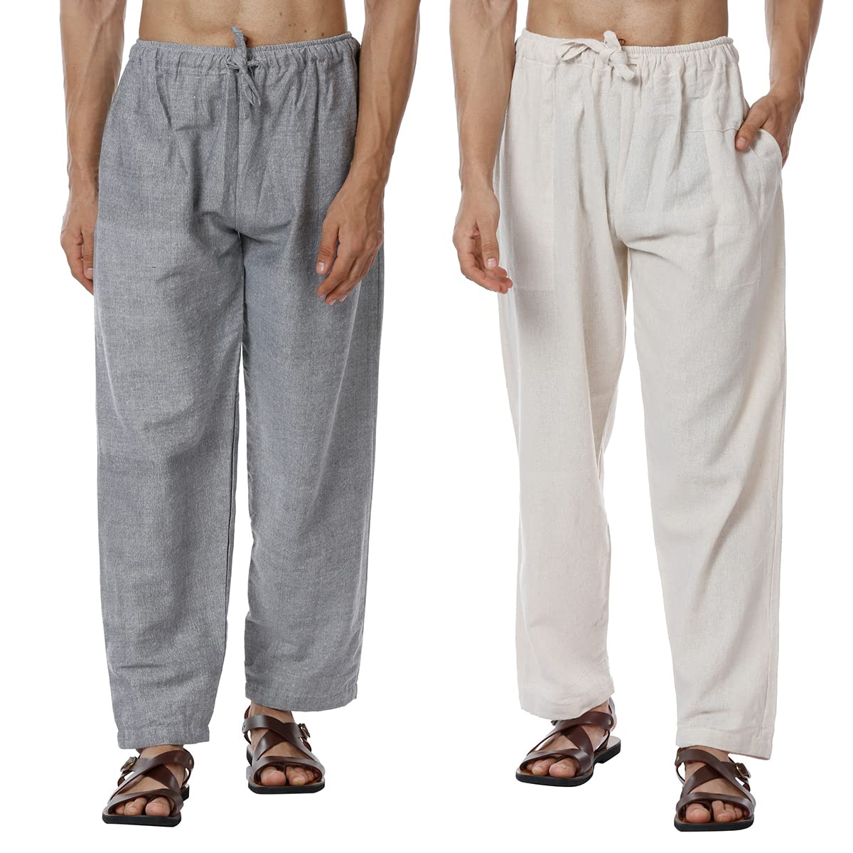 Digital Shopee Mens Eco-Friendly Cotton Pyjama Pack Of 2 | Cream + Grey | 26-30 Inches