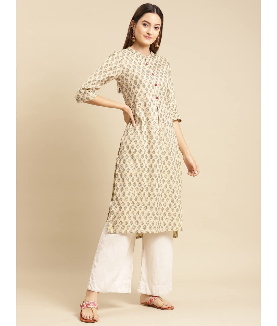 Rangita Beige Cotton Flex Calf Length Printed Straight Kurti For Women | Kurta For Women