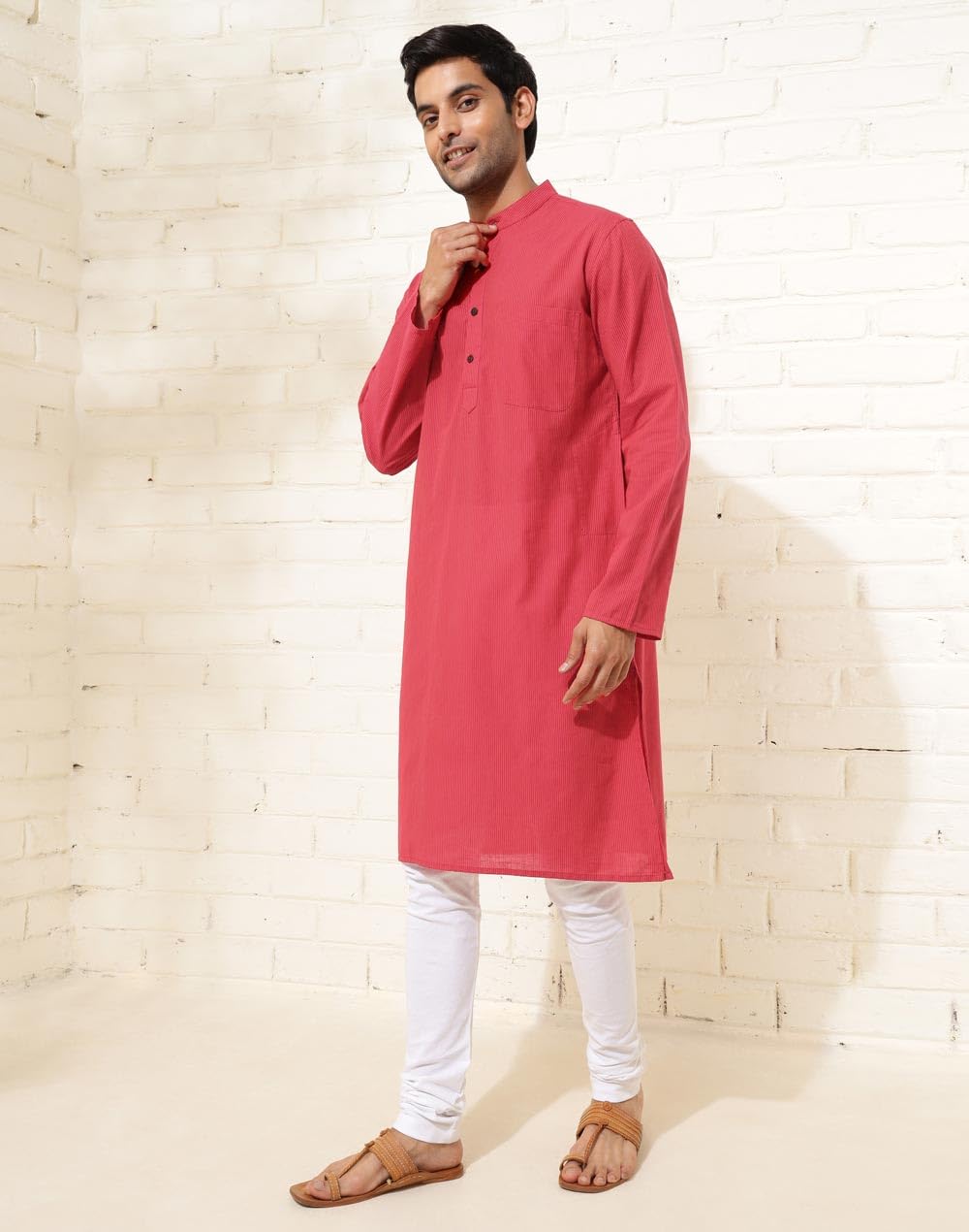Fabindia MenS Cotton Striped Slim Long Kurta (1038422Pink_Pink