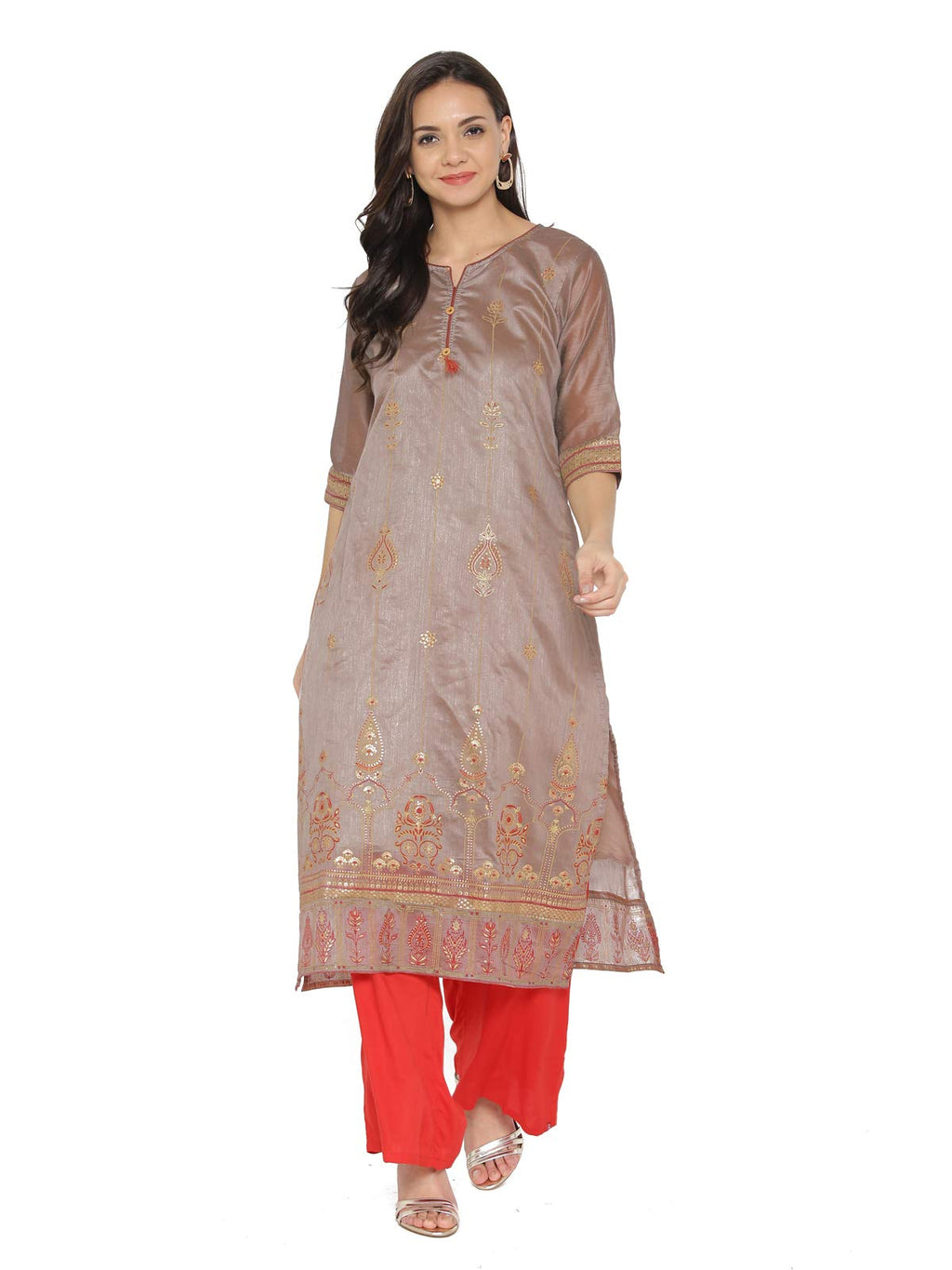 Sanisa Women'S Chanderi Silk Foil And Khadi Print Kurta (240Kn1001-S,Beige)