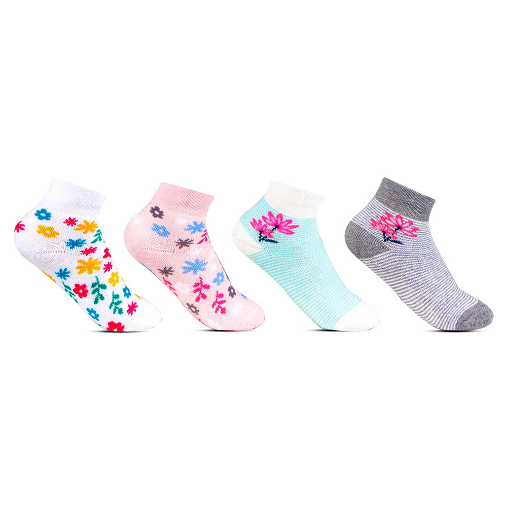 Bonjour Designer Sports Cushioned/Terry Ankle Length Socks for Kids- Girls- Pack Of 4