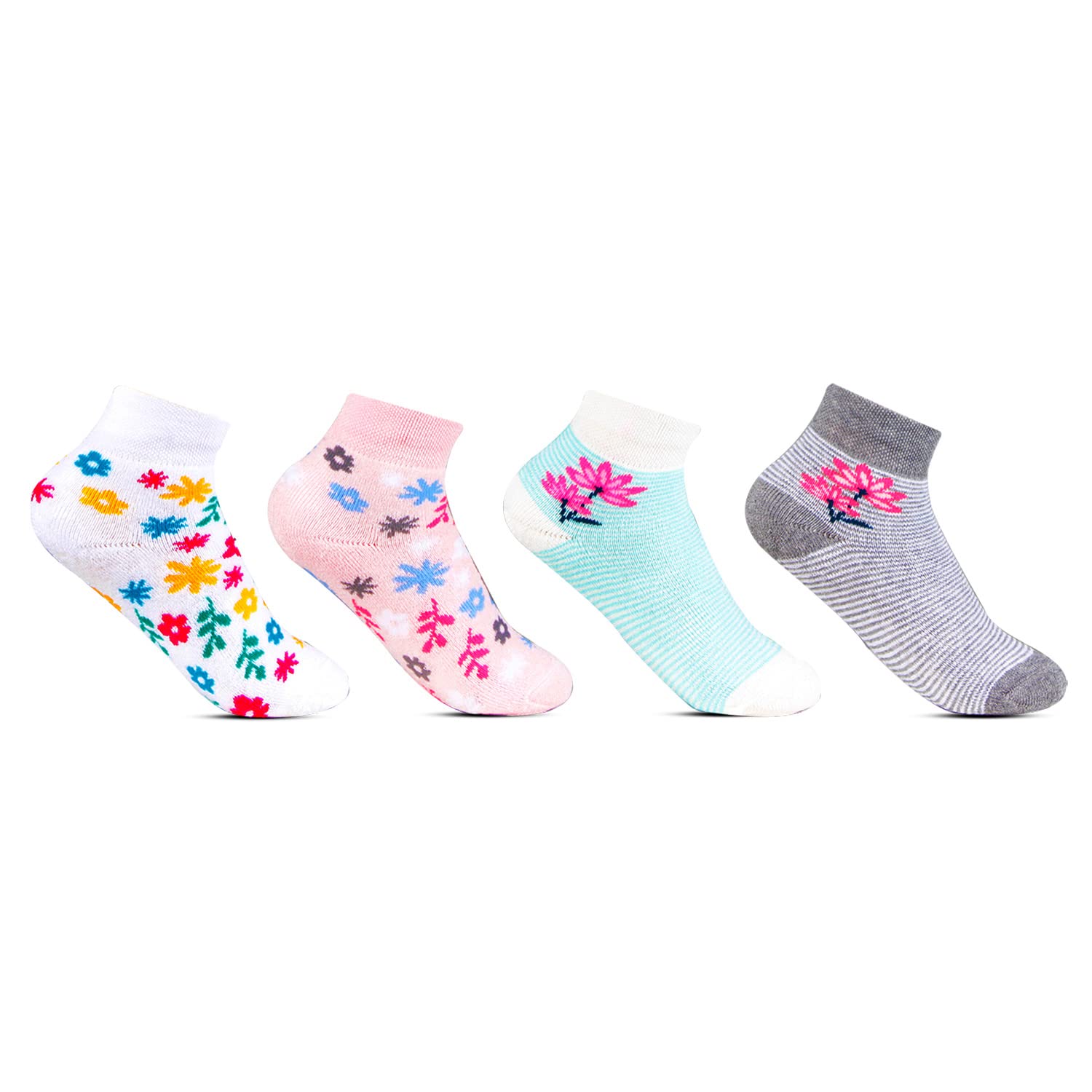 Bonjour Designer Sports Cushioned/Terry Ankle Length Socks for Kids- Girls- Pack Of 4