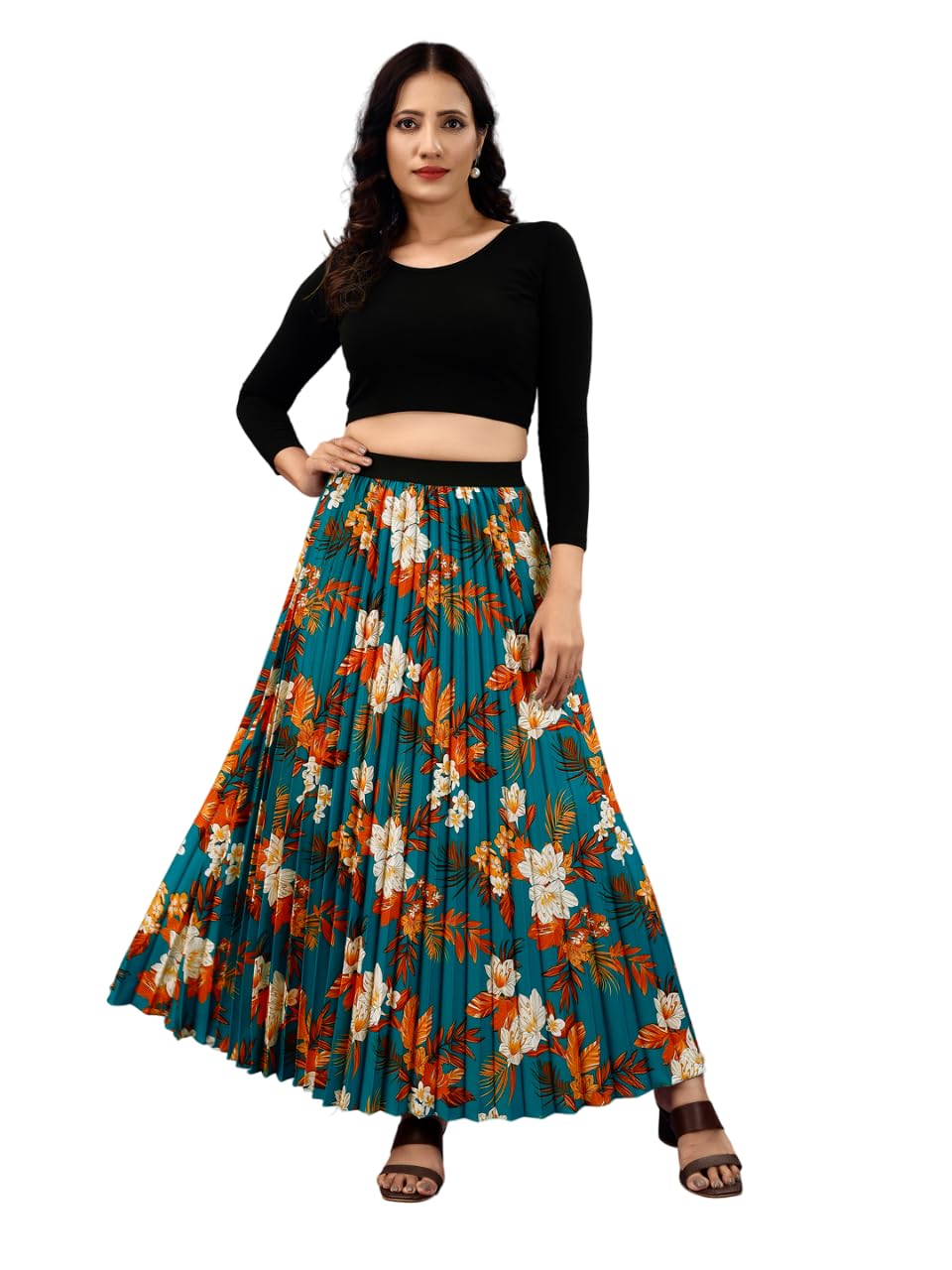 Kzully | Stylish And Beautiful Floral | Floral Pleated Maxi Skirts For Women | Long Skirts Elastic Waist Orange
