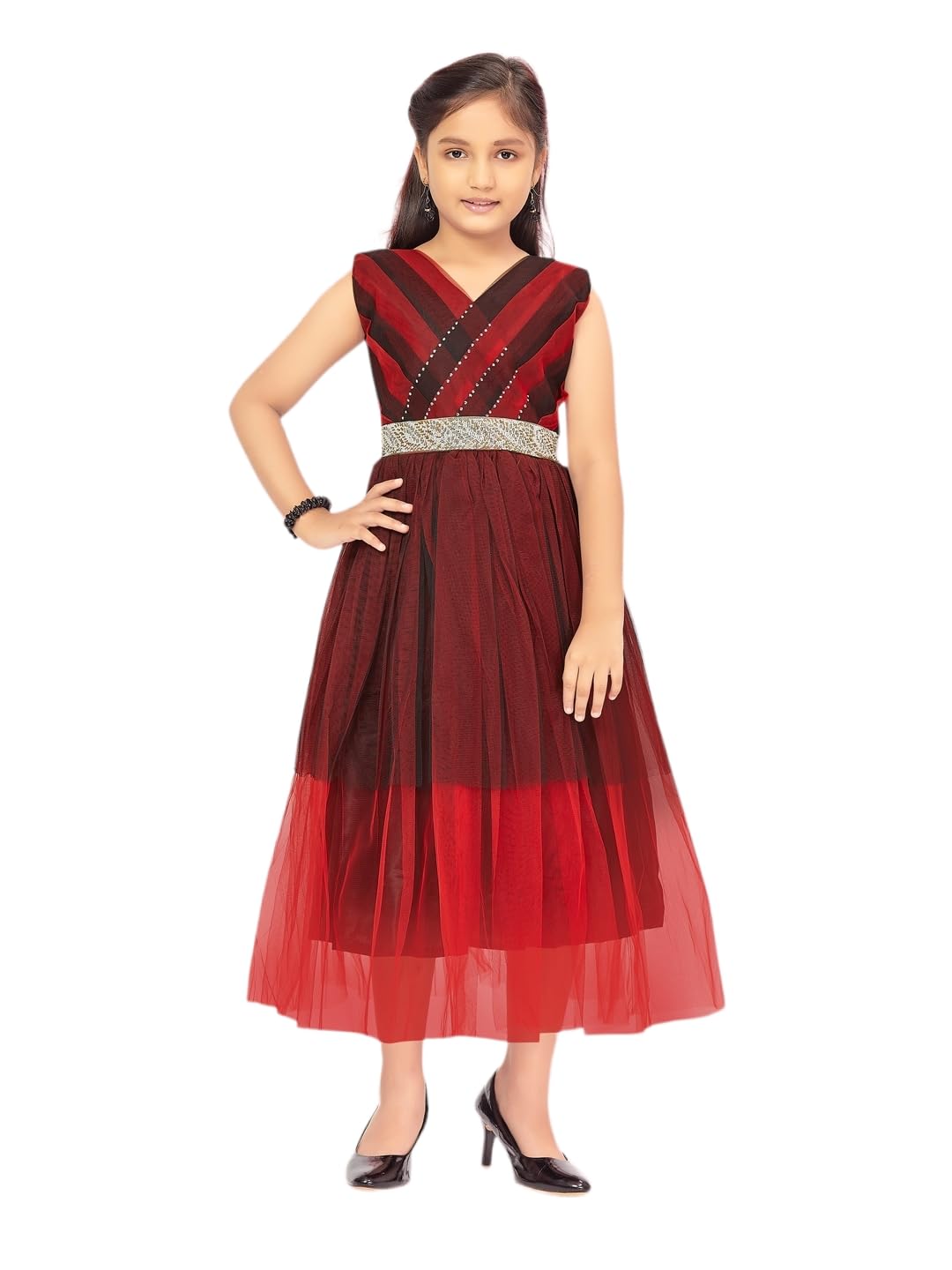 Aarika Girls Maroon-Black Colour Embellished Net Gown (G-23088-MAROON-26)