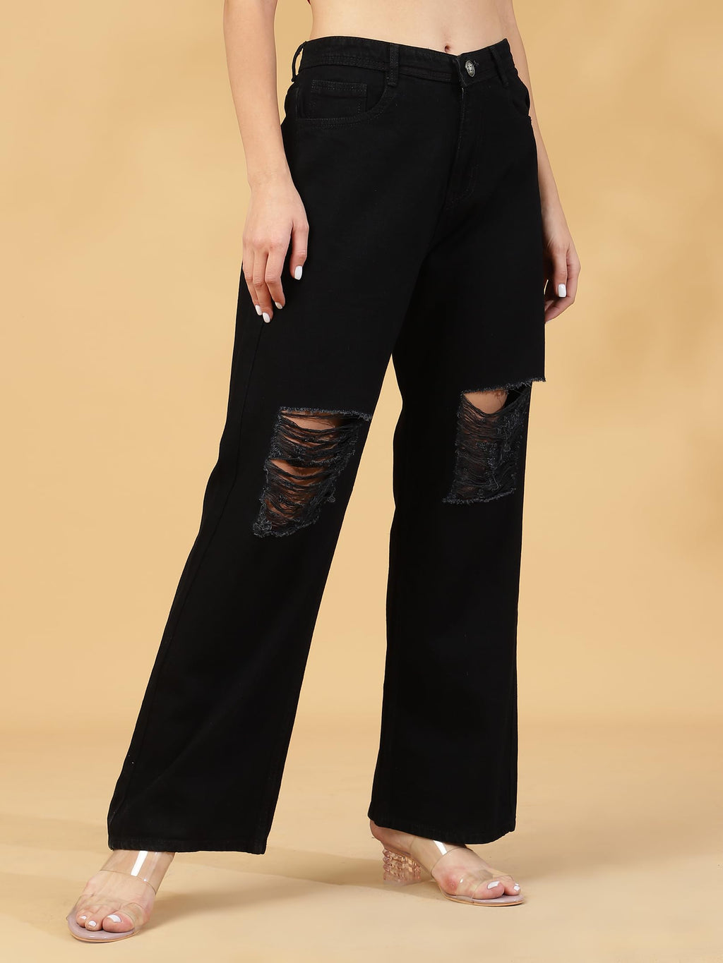Shasmi Relaxed High Rise Cotton Ankle Length for Women Jeans (Denim Pant 168_Black