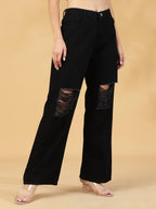 Shasmi Relaxed High Rise Cotton Ankle Length for Women Jeans (Denim Pant 168_Black