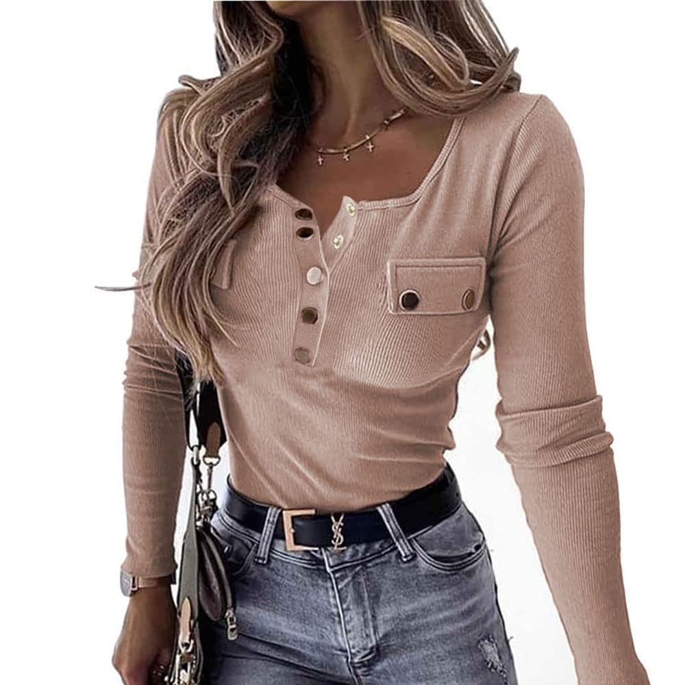 Womens Long Sleeve Henley T Shirts Button Down Slim Fit Zipper Tops Scoop Neck Ribbed Knit Shirts(A-Khaki,XX-Large)