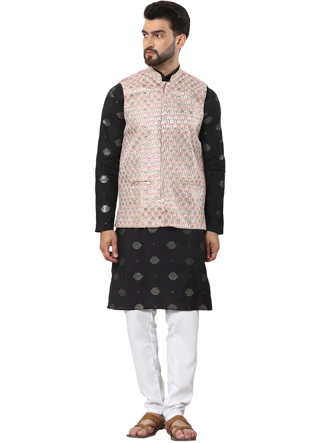 SOJANYA (Since 1958 Mens Cotton Silk Embroidered Black Kurta and White Pyjama with Designer Peach Nehru Jacket