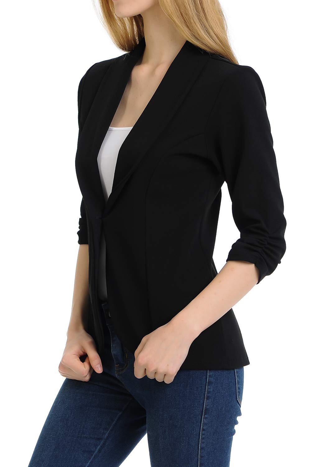 MINEFREE Women's 3/4 Ruched Sleeve Lightweight Work Office Blazer Jacket Black L